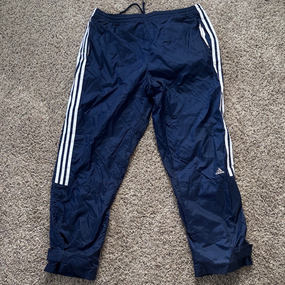 Vintage embroidered Adidas Men’s Large cotton lined nylon blue track pants